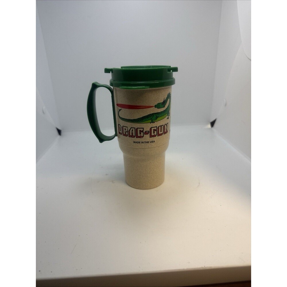 Vtg DRAG-GUN Green Dragon Plastic Travel Mug Insulated Cup Thermal Lid USA